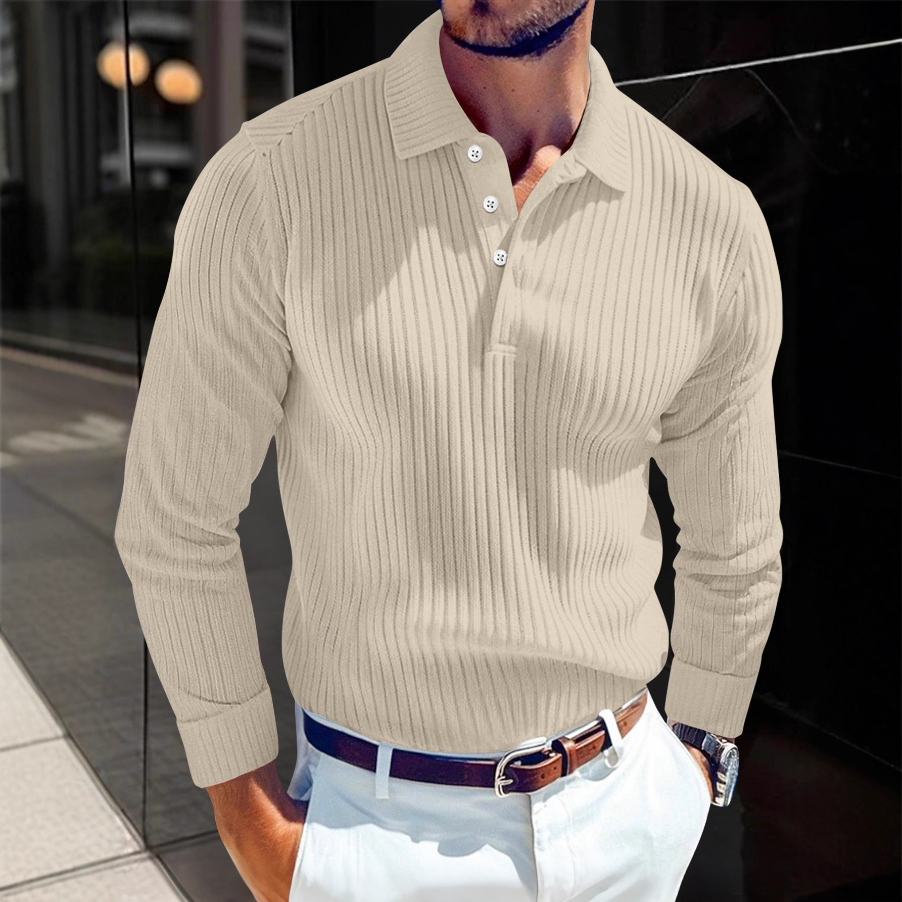 Men's T-shirt With A Turn-down Collar, Buttoned Long-sleeve Polo Shirt - Image 2
