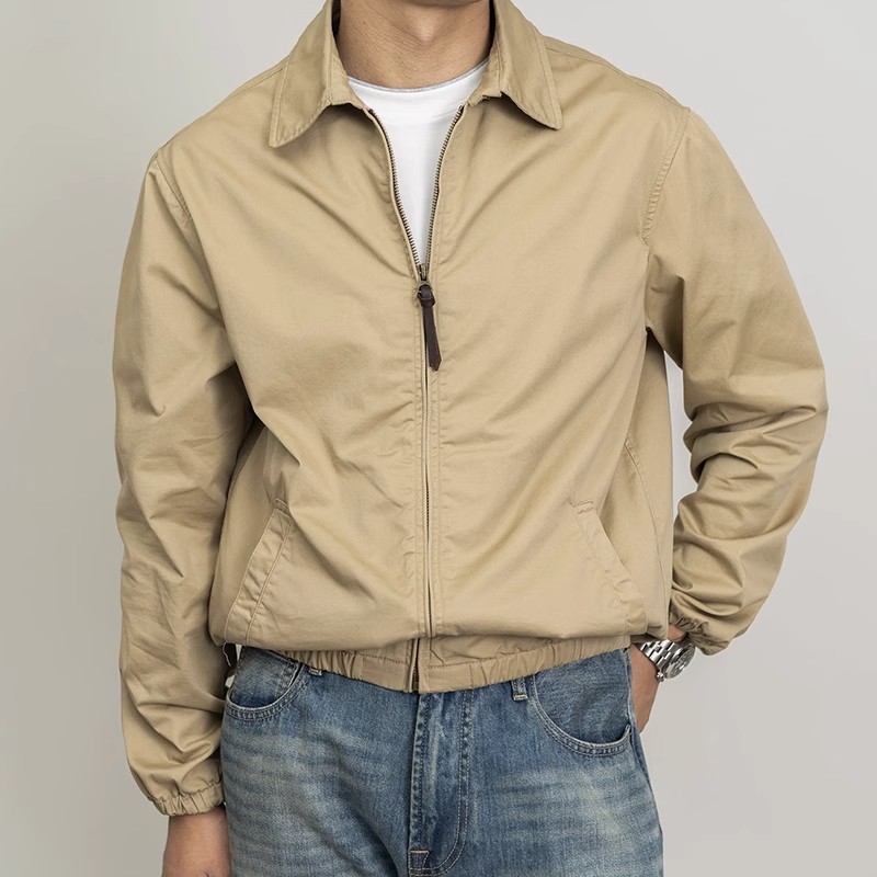 Classic Khaki Retro Cadre Collar Zip Thin Jacket