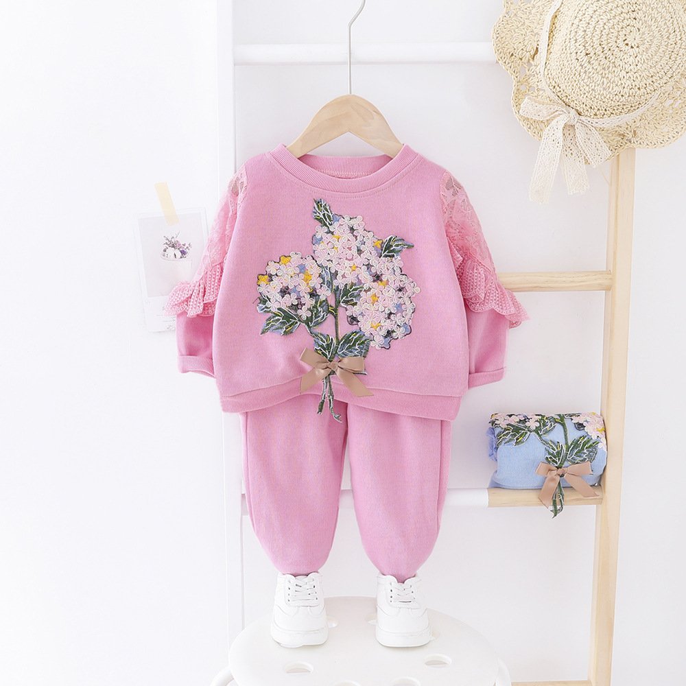 Spring And Autumn Girls' Clothing Baby Embroidered Lace Two Piece Set - Image 2