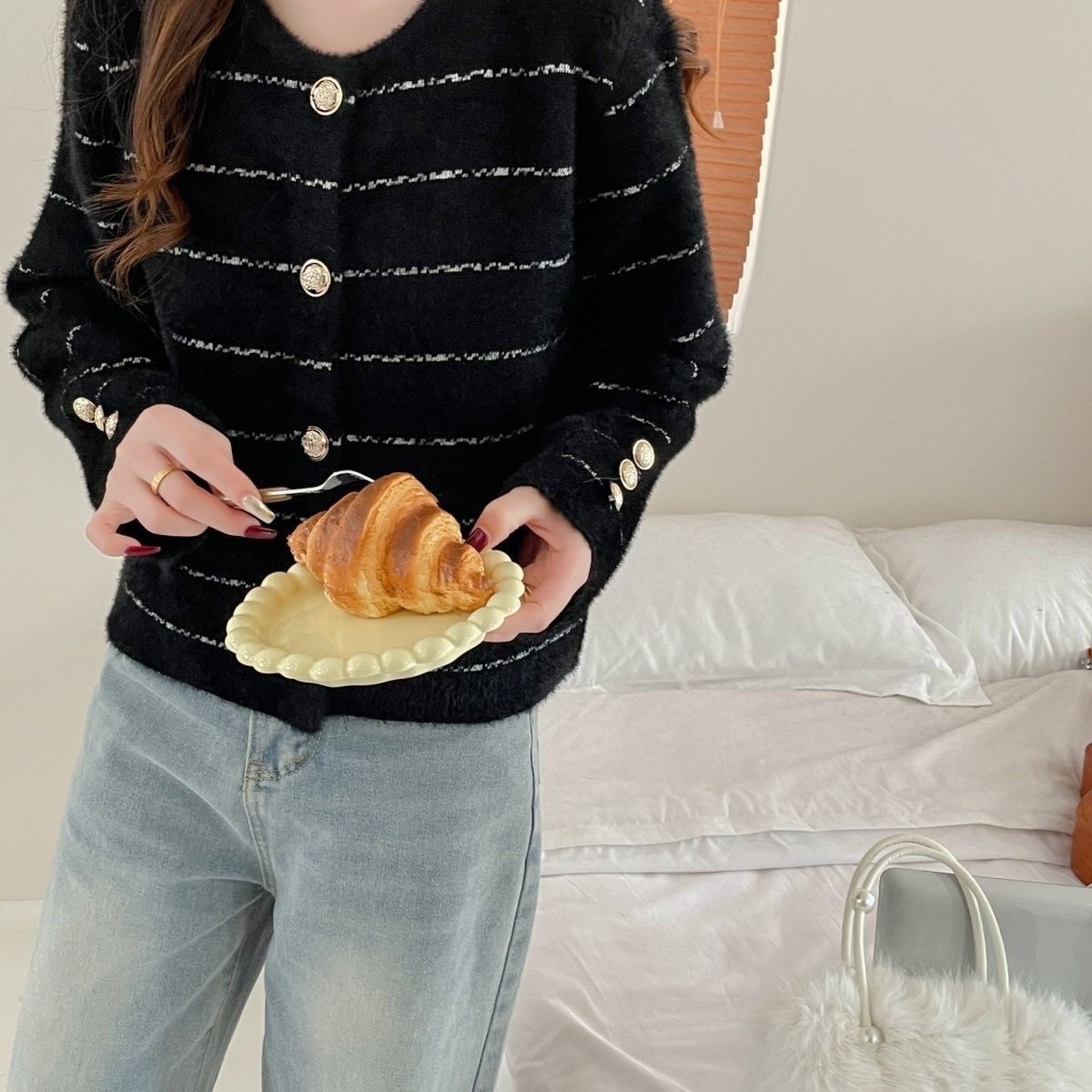 Striped Round Metal Button Faux Pocket Round Neck Sweater - Image 4