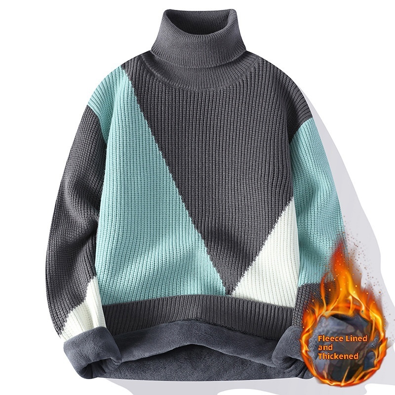 Contrast Color Turtleneck Men's Fleece-lined Knitting Bottoming Loose Sweater - Image 5