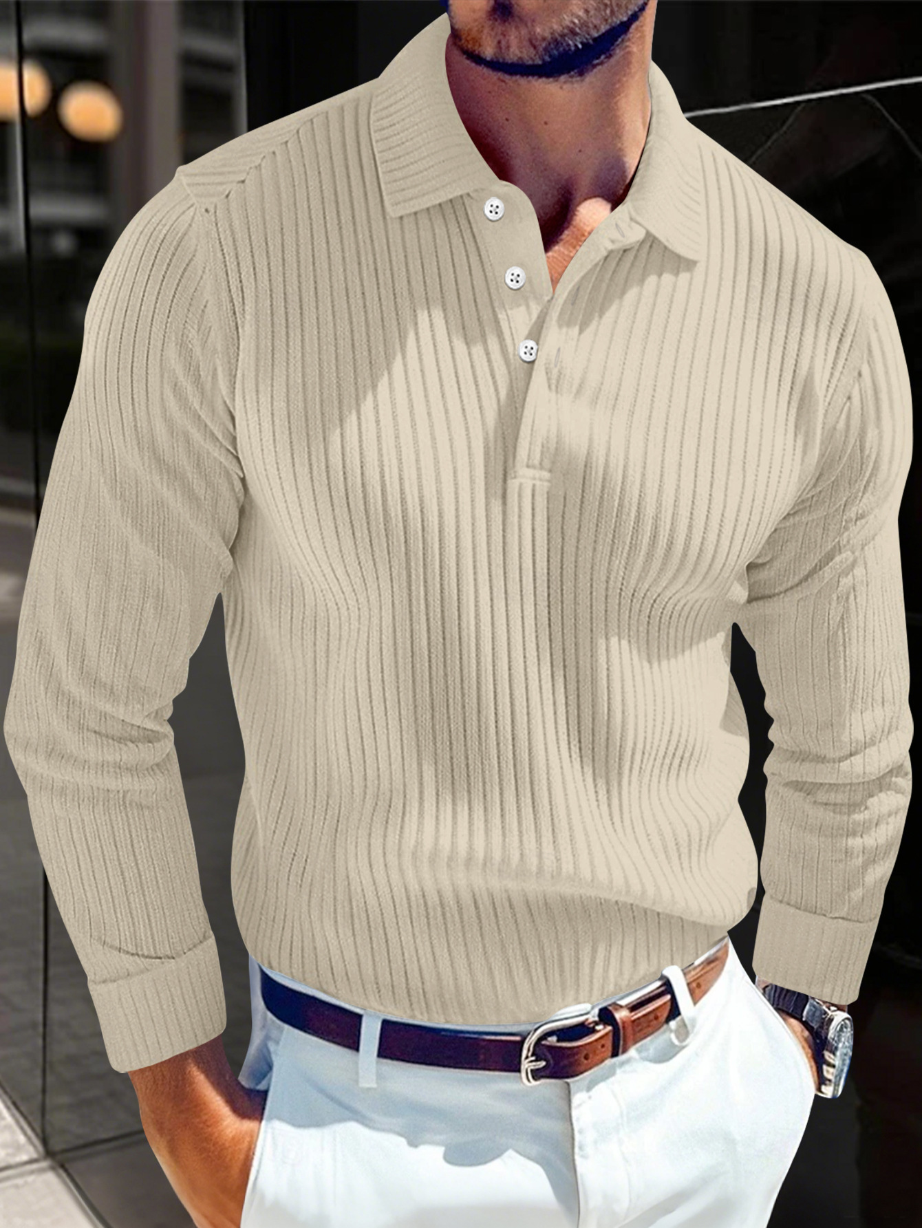 Men's T-shirt With A Turn-down Collar, Buttoned Long-sleeve Polo Shirt - Image 7