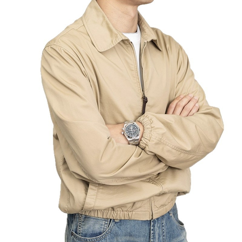 Classic Khaki Retro Cadre Collar Zip Thin Jacket - Image 4