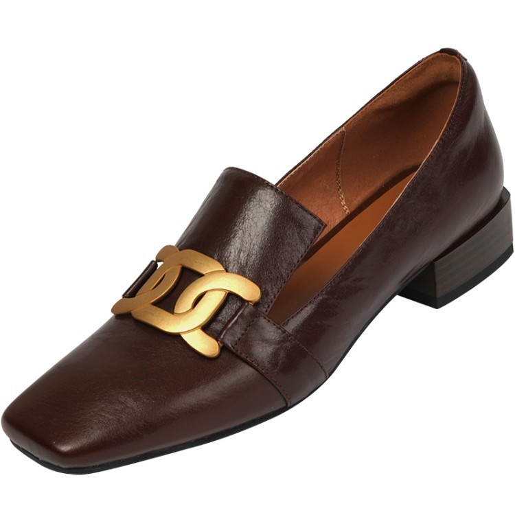 Female Square Toe Low Heel Retro Brown Leather Shoes - Image 10