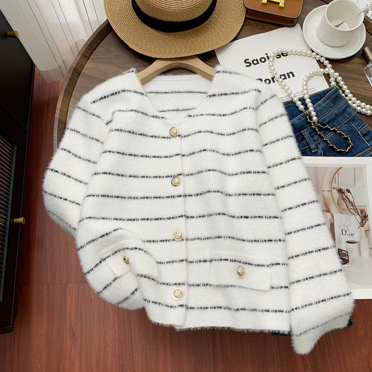 Striped Round Metal Button Faux Pocket Round Neck Sweater - Image 7