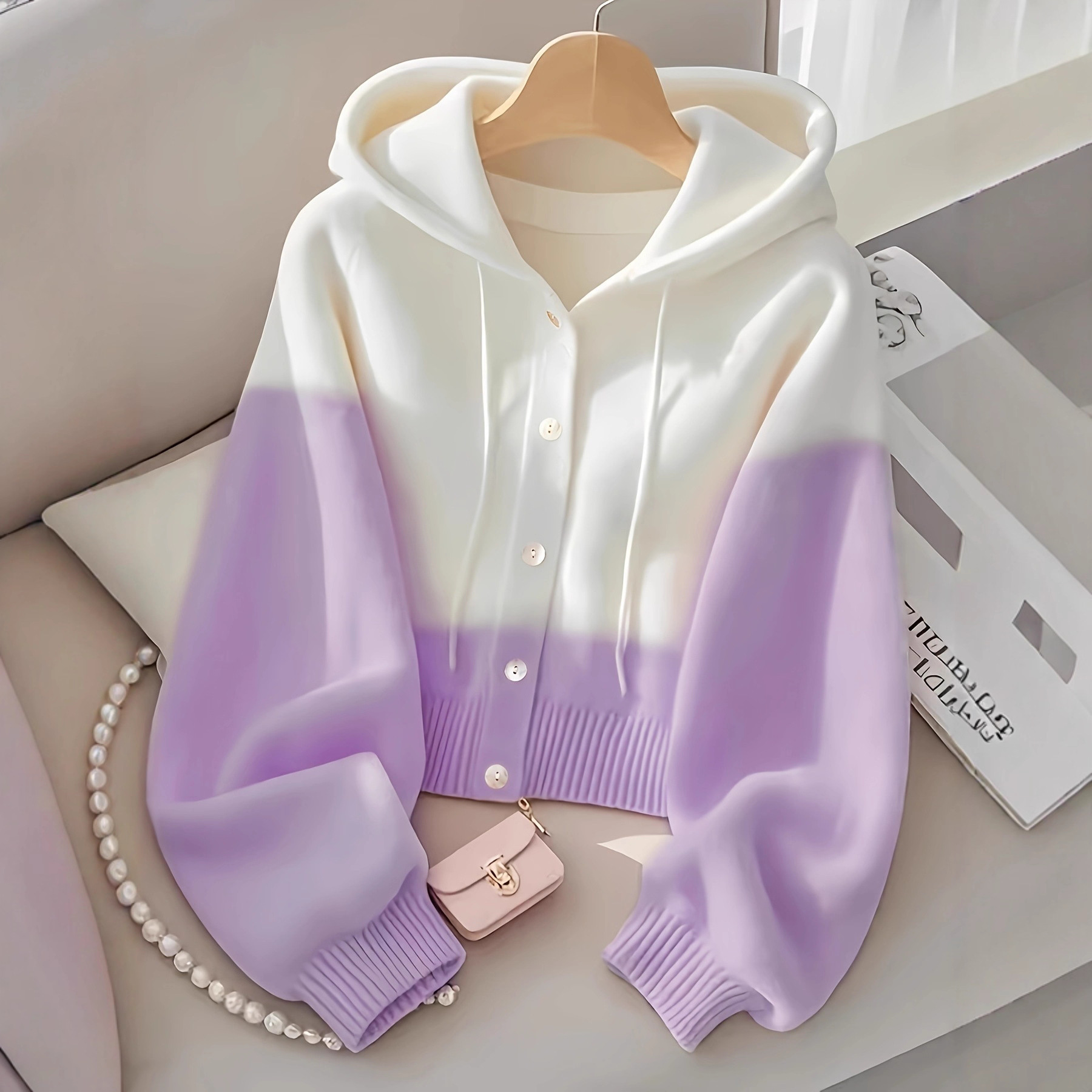 Patchwork Hooded Lazy High-grade Knitted Top - Image 6