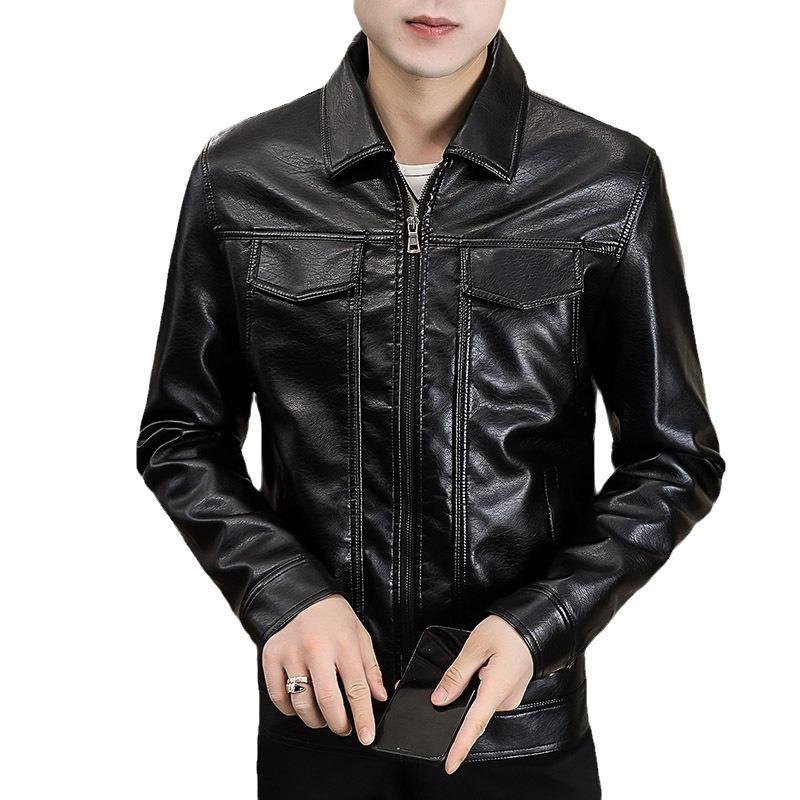 Men's Casual Velvet-lined Leather Jacket - Image 3