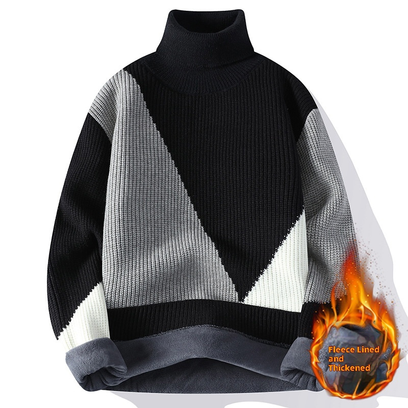 Contrast Color Turtleneck Men's Fleece-lined Knitting Bottoming Loose Sweater - Image 4