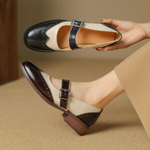 Square Head Female Color-blocking Leather Shoes Middle Documentary