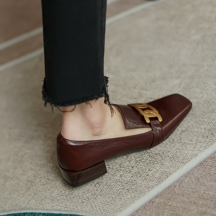 Female Square Toe Low Heel Retro Brown Leather Shoes - Image 6