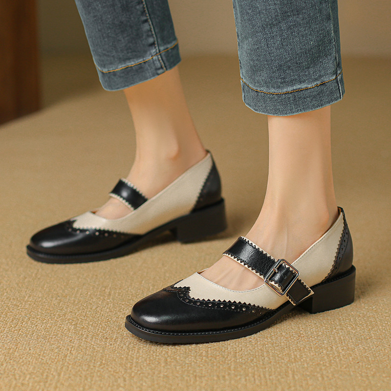 Square Head Female Color-blocking Leather Shoes Middle Documentary - Image 4