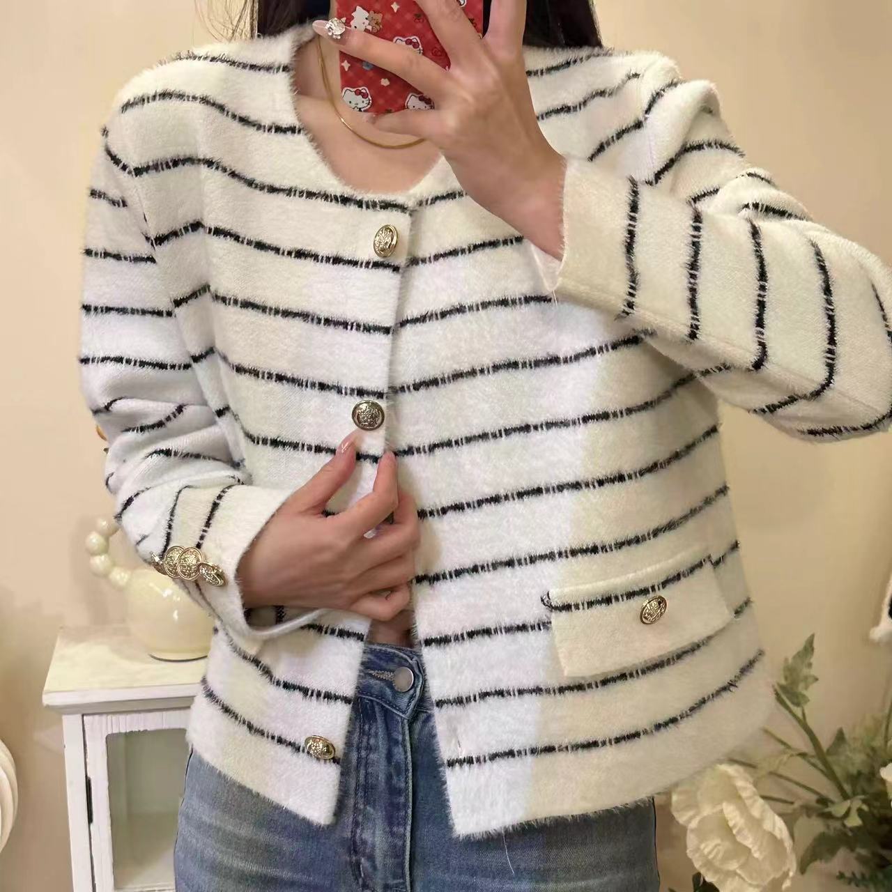 Striped Round Metal Button Faux Pocket Round Neck Sweater