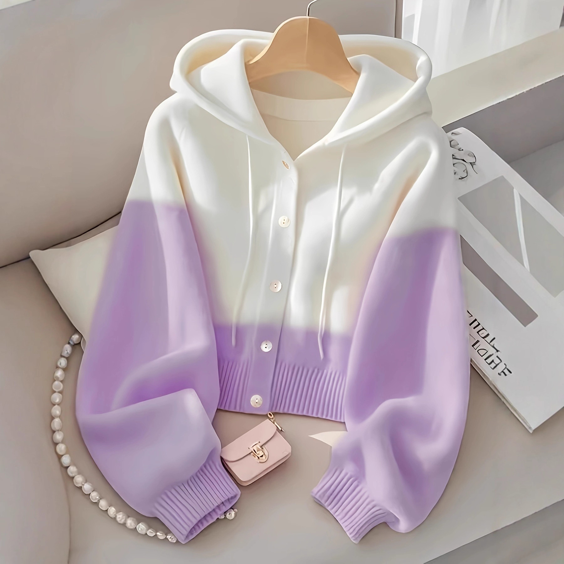 Patchwork Hooded Lazy High-grade Knitted Top - Image 8