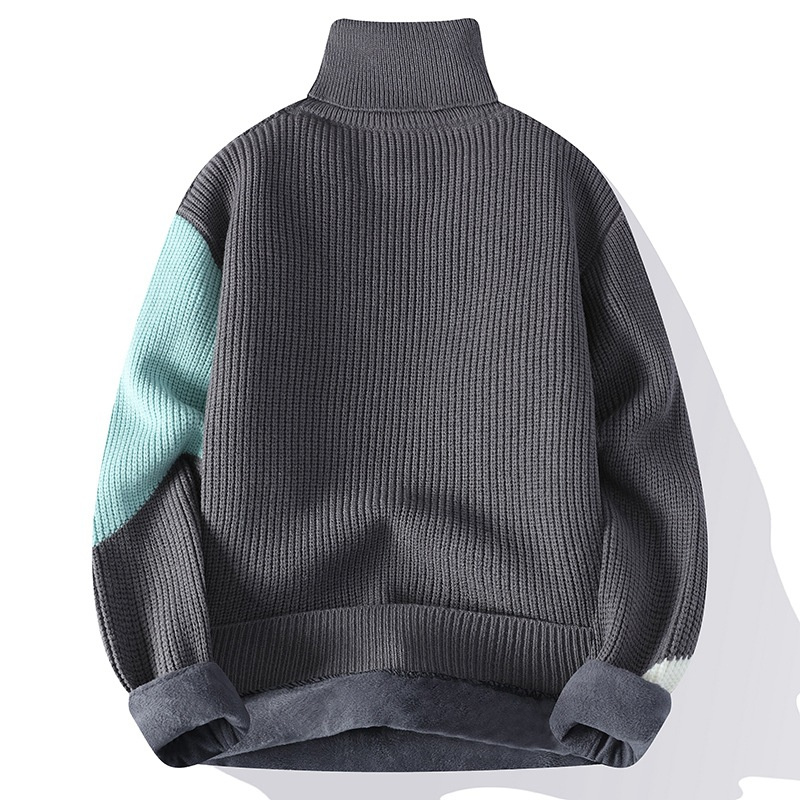 Contrast Color Turtleneck Men's Fleece-lined Knitting Bottoming Loose Sweater - Image 2
