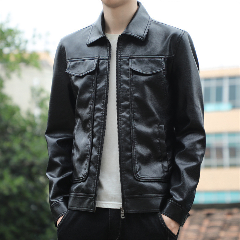 Men's Casual Velvet-lined Leather Jacket - Image 5