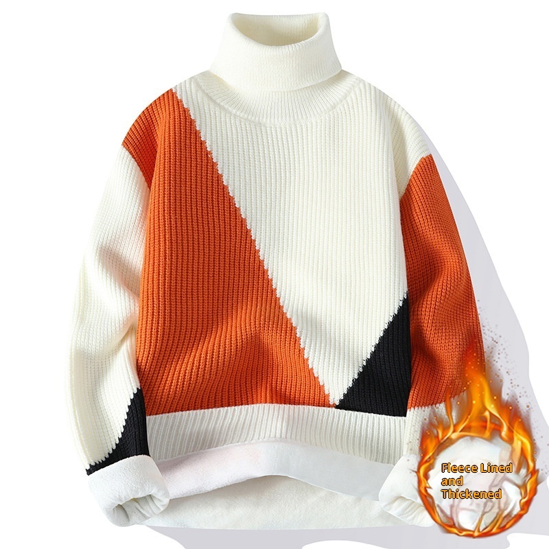 Contrast Color Turtleneck Men's Fleece-lined Knitting Bottoming Loose Sweater - Image 3