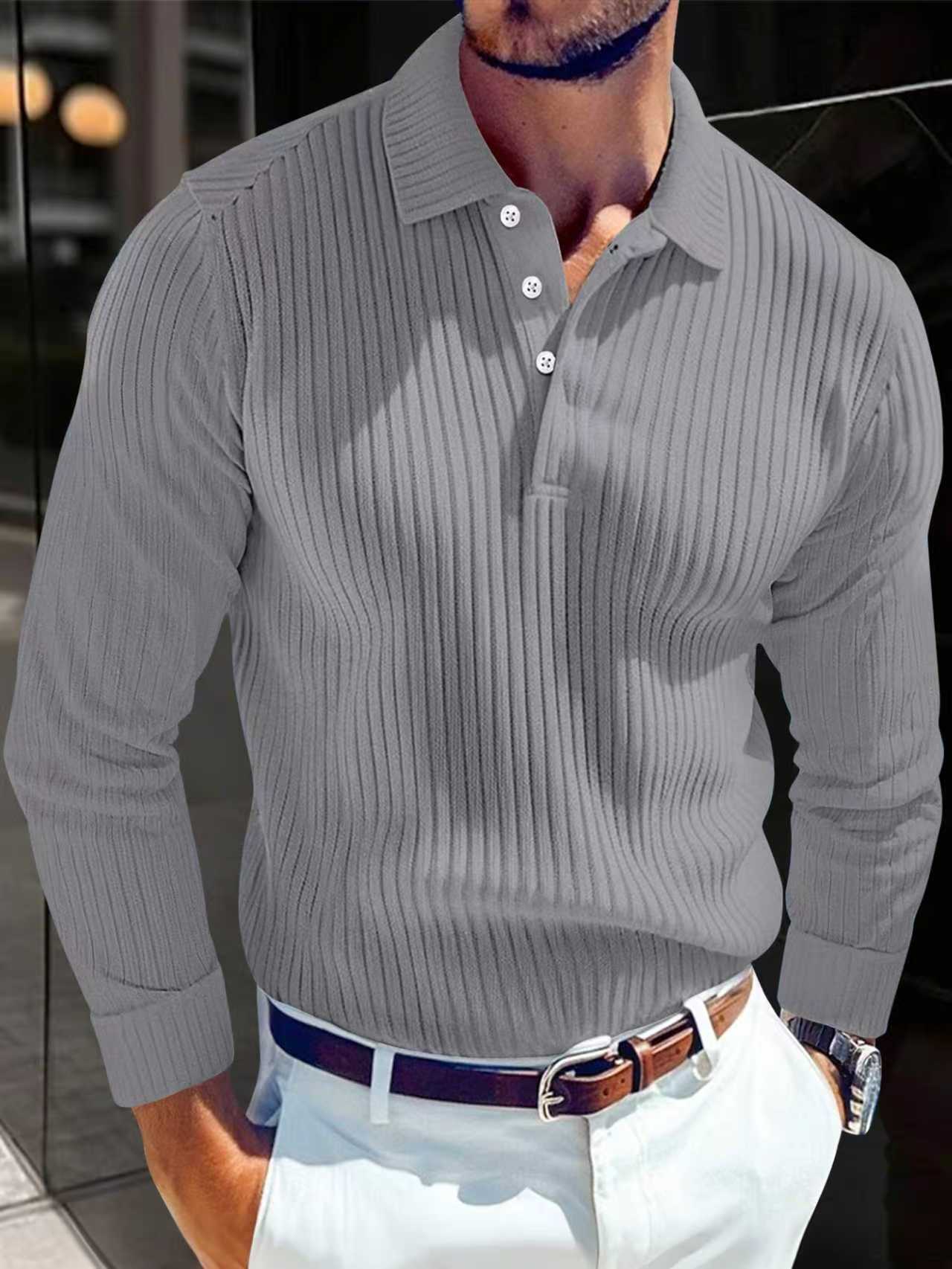 Men's T-shirt With A Turn-down Collar, Buttoned Long-sleeve Polo Shirt - Image 5