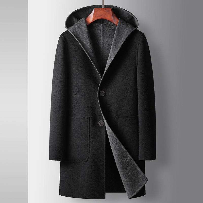 Mens Mid-Length Wool Coat With A Hood Reversible Style - Image 5