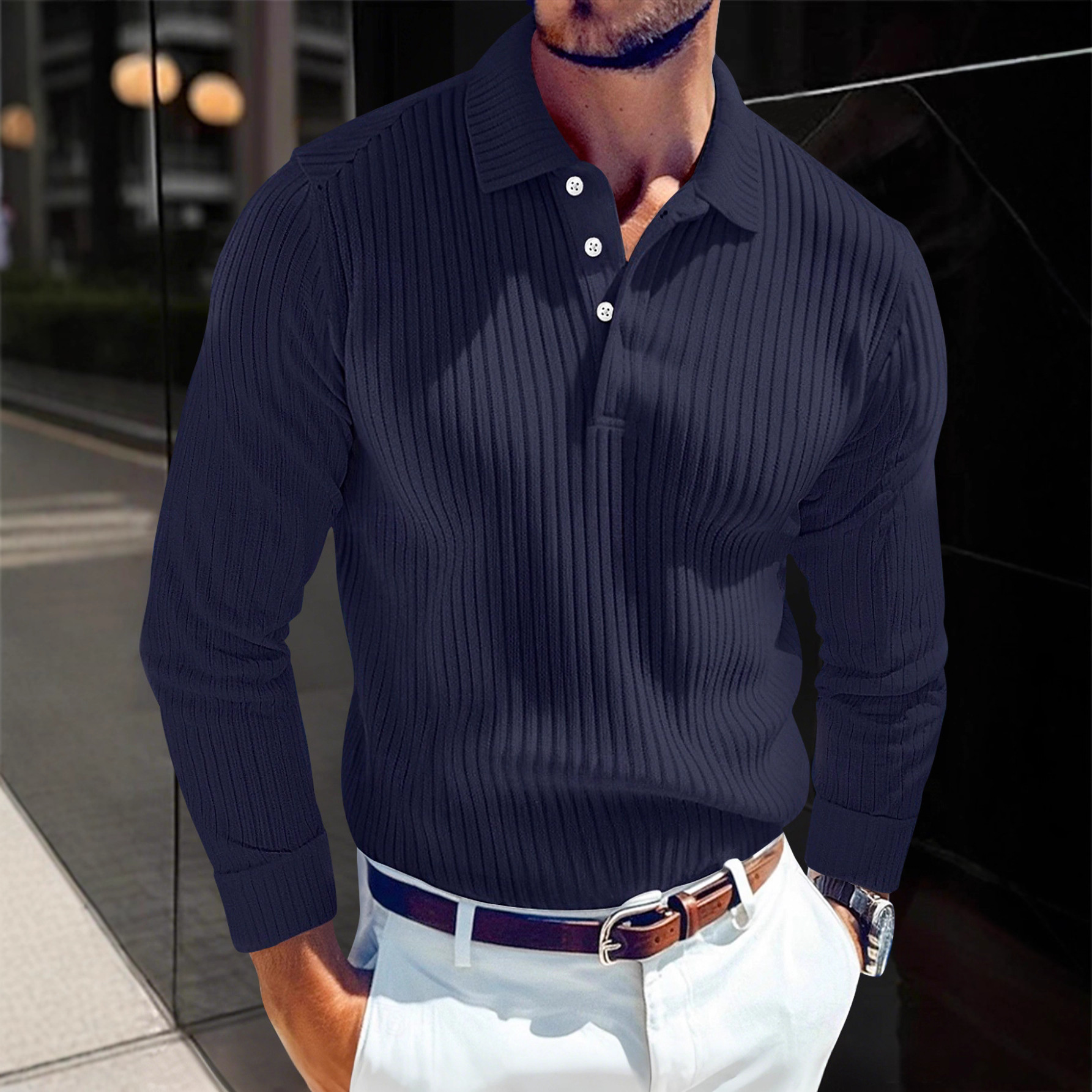 Men's T-shirt With A Turn-down Collar, Buttoned Long-sleeve Polo Shirt - Image 10
