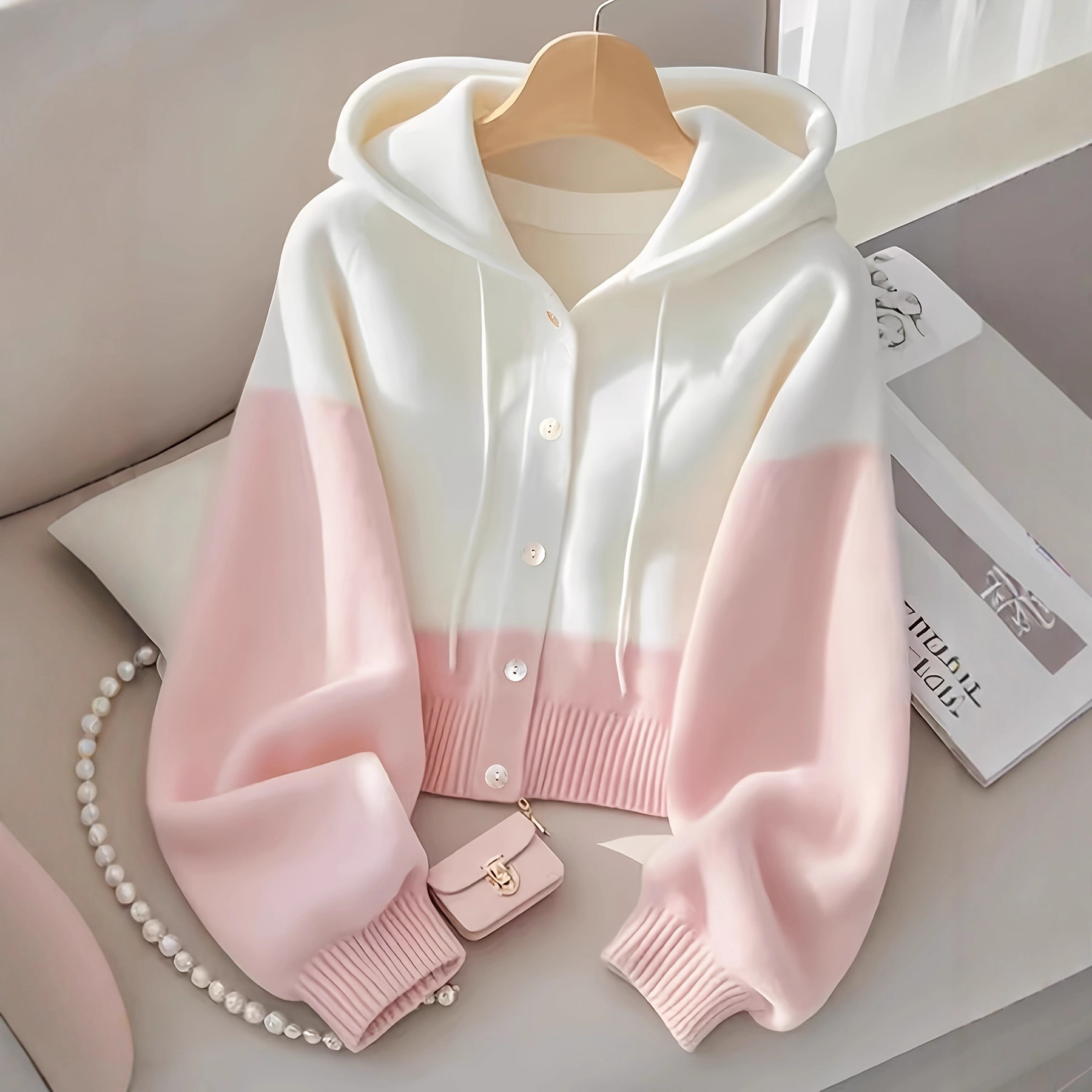 Patchwork Hooded Lazy High-grade Knitted Top - Image 2