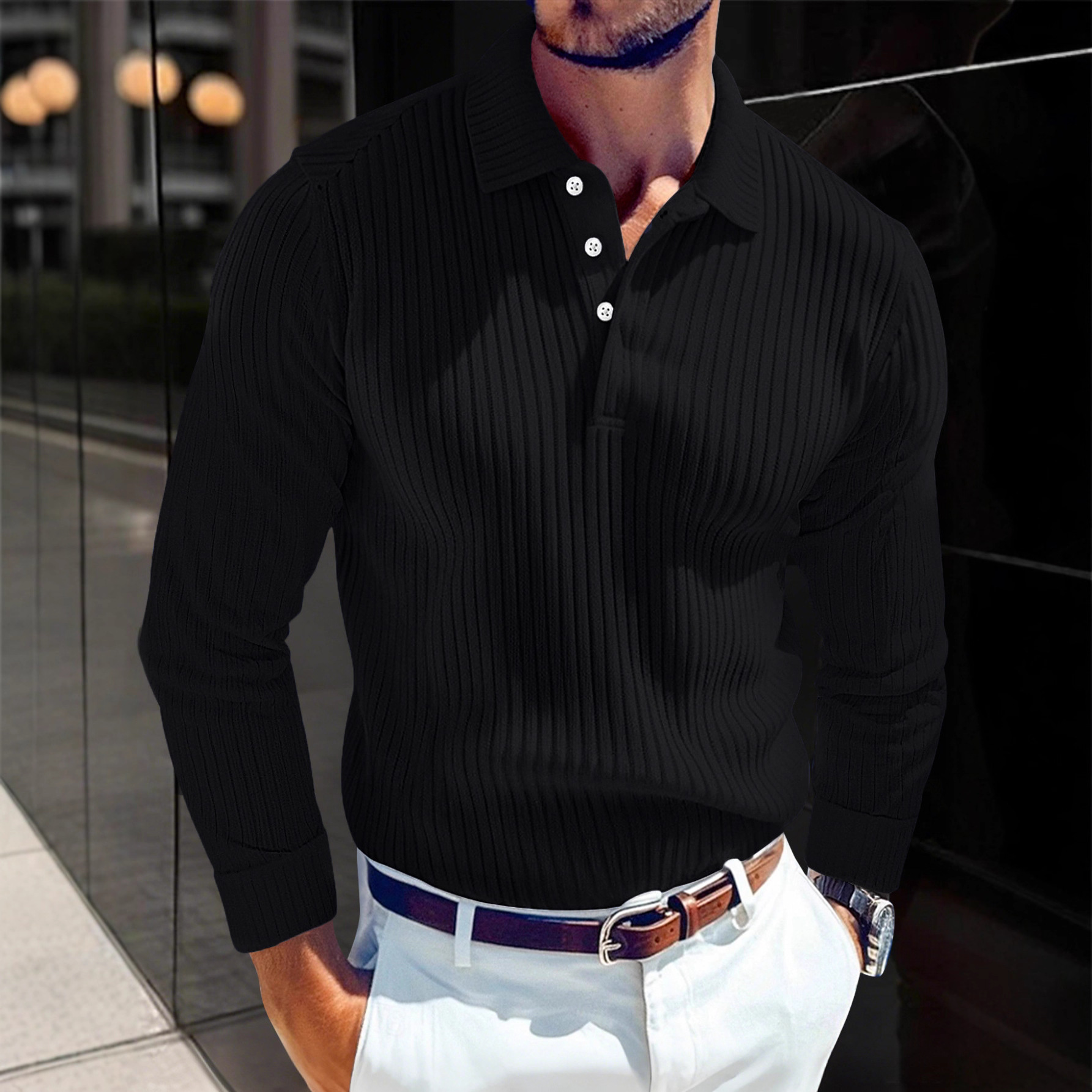 Men's T-shirt With A Turn-down Collar, Buttoned Long-sleeve Polo Shirt - Image 3