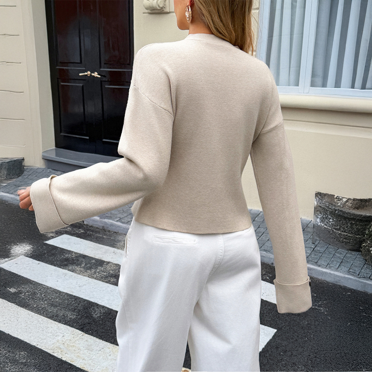 Womens Solid-Color Casual Resort V-Neck Cropped Jacket - Image 2