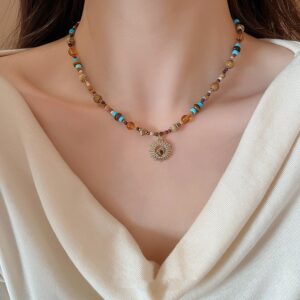 Titanium Steel Natural Stone Rice Bead Sunflower Bead Necklace