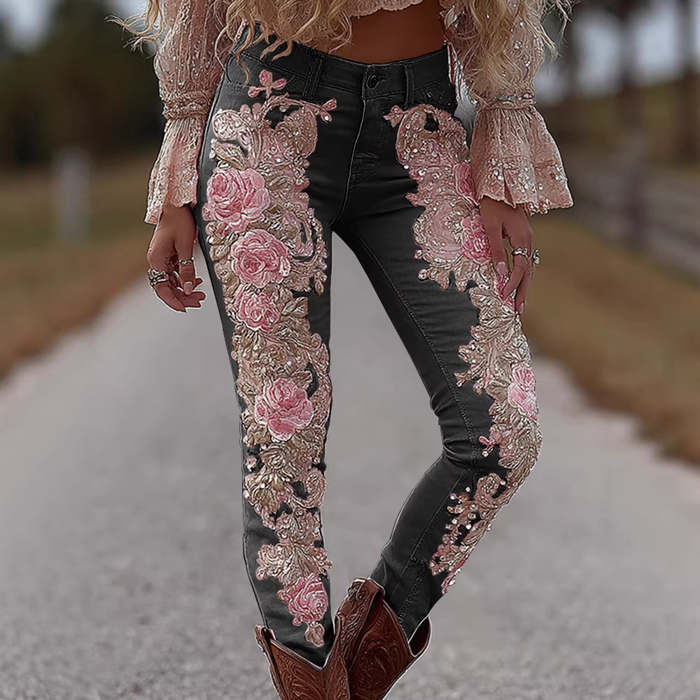 Womens Denim Jeans Womens Trousers With Colorful 3D Floral Prints - Image 3