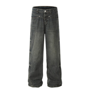 Mens High-Street Washed Distressed Loose Straight-Leg Pants