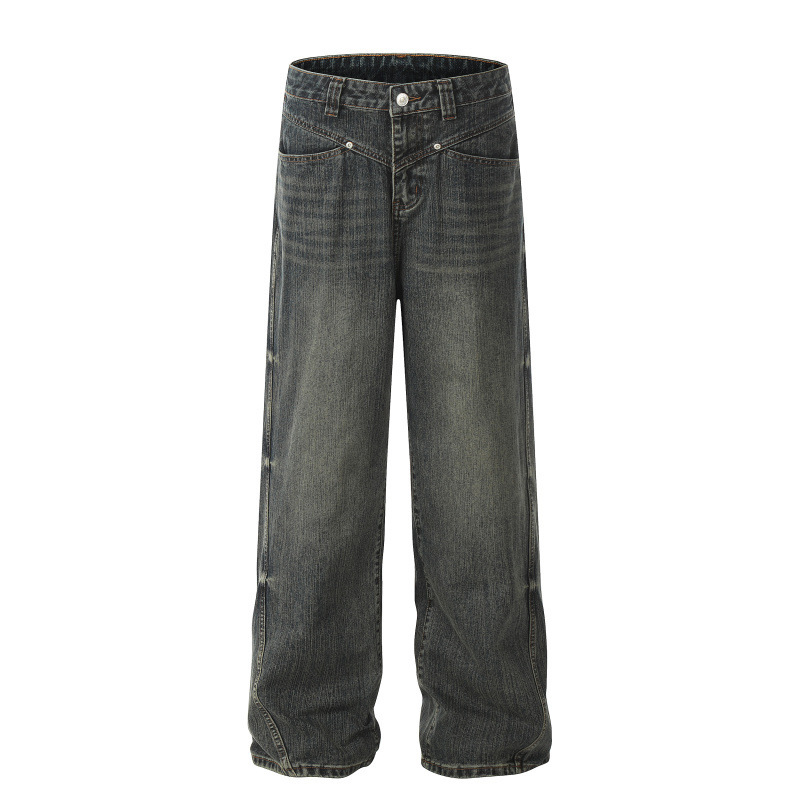 Mens High-Street Washed Distressed Loose Straight-Leg Pants