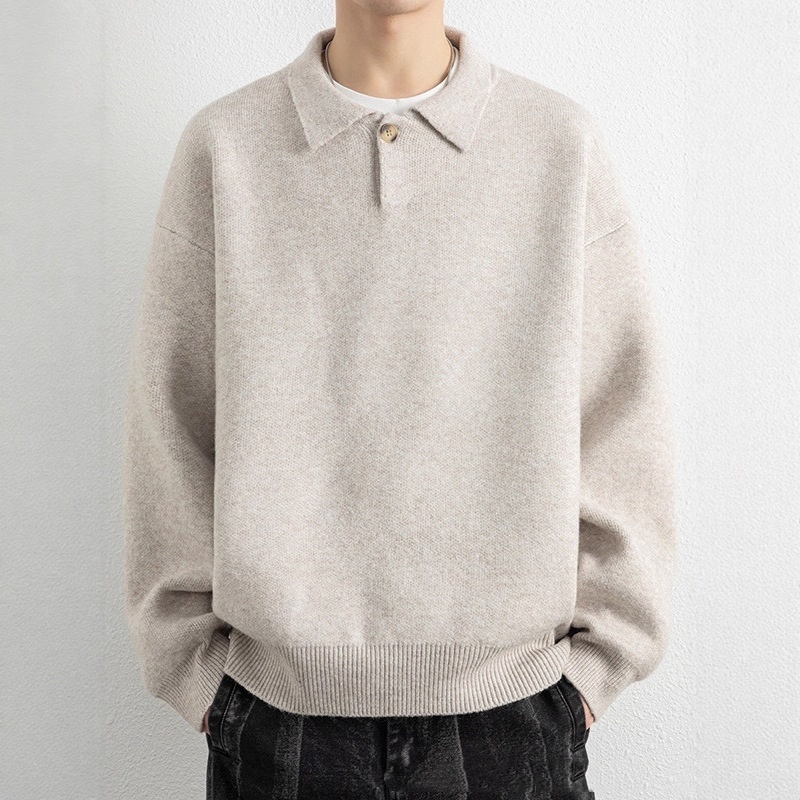 Retro Polo-collar Relaxed-fit Laid-back Single-button Sweater