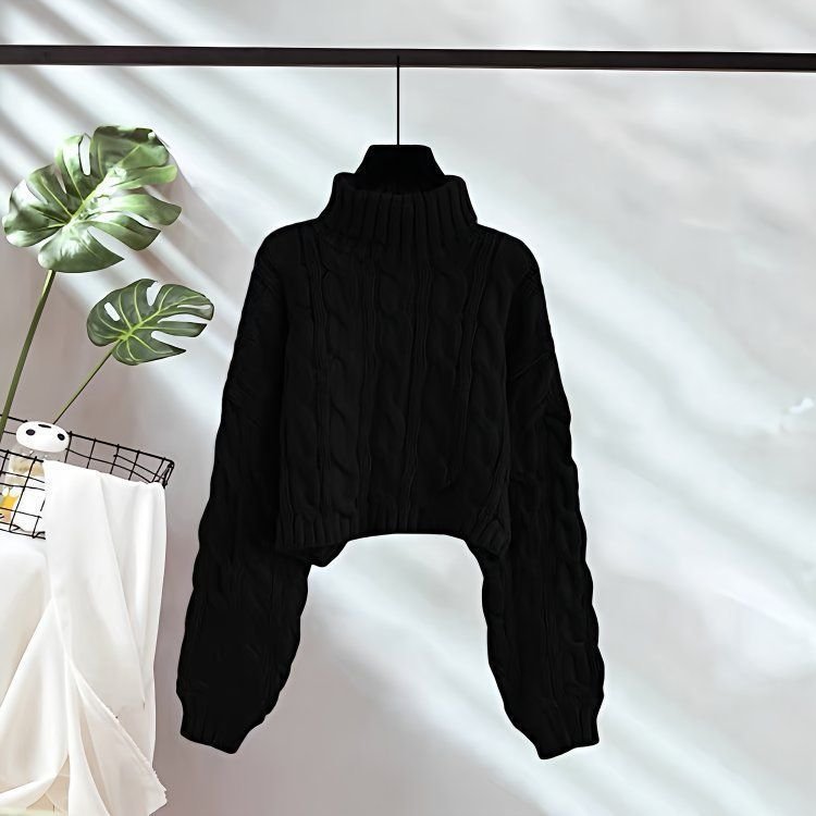 New AutumnWinter Linen Short Turtleneck Outerwear Knitted Floral Sweater For Women - Image 9