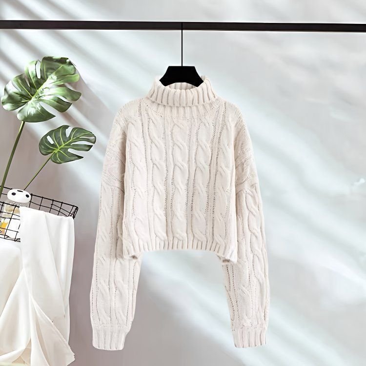 New AutumnWinter Linen Short Turtleneck Outerwear Knitted Floral Sweater For Women - Image 3