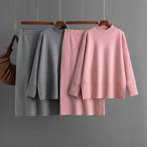 New FallWinter Solid-Color Turtleneck Sweater And Slit Bodycon Skirt Two-Piece Set