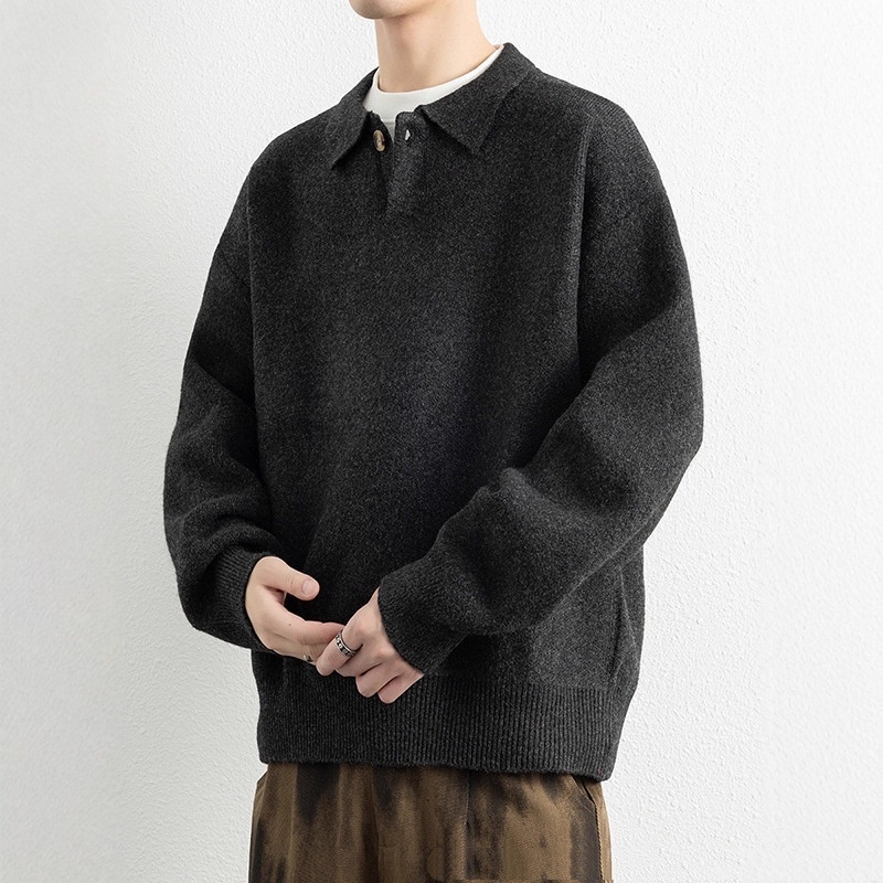 Retro Polo-collar Relaxed-fit Laid-back Single-button Sweater - Image 3