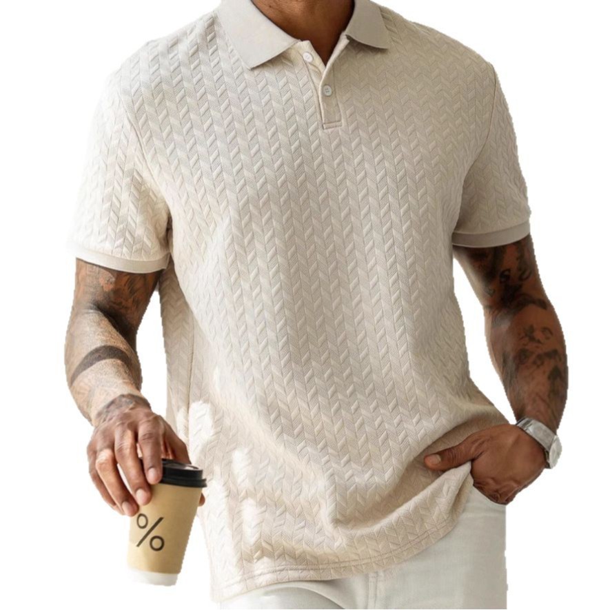 Mens Casual Short-sleeve Textured Polo Shirt Top - Image 3