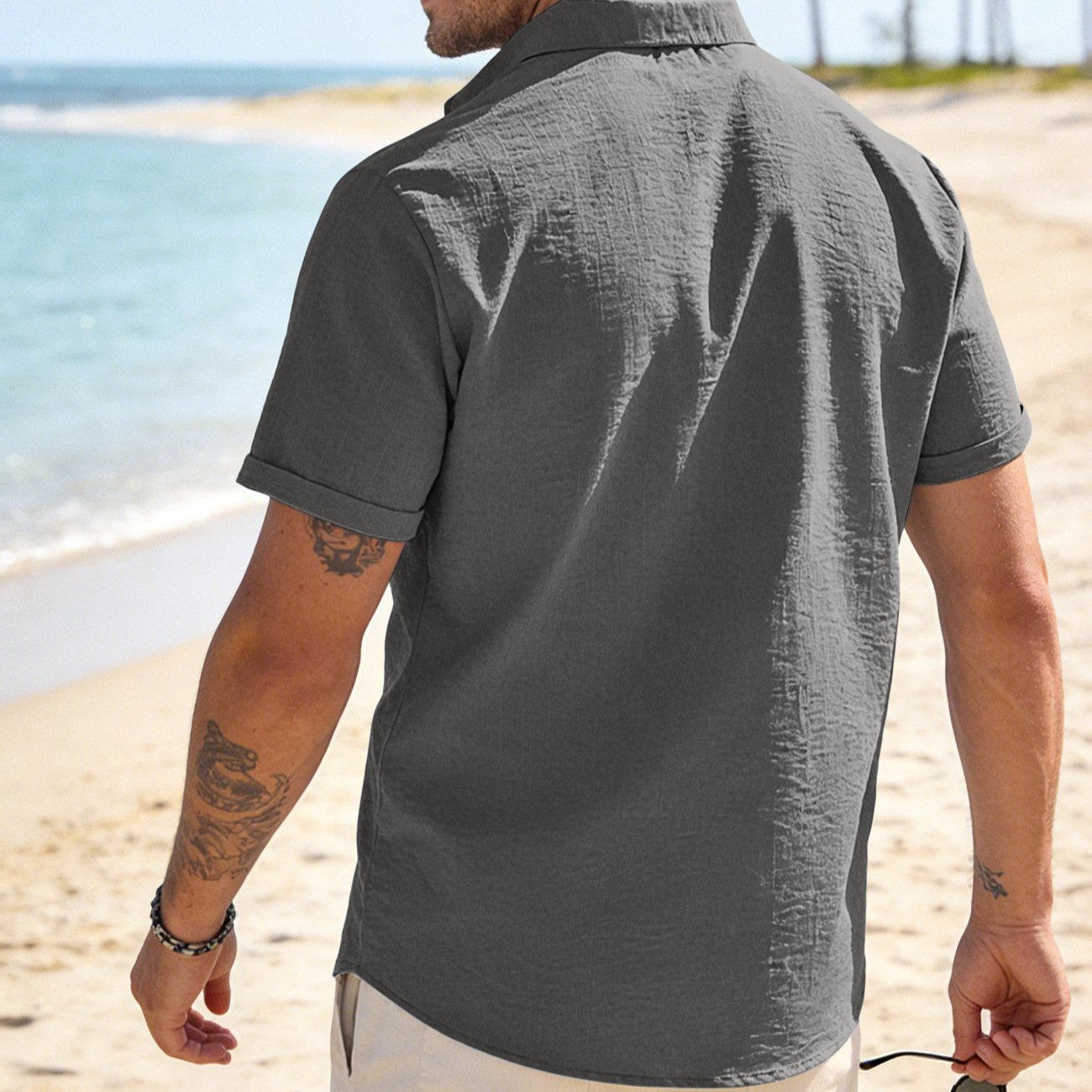 Mens Solid-color Short-sleeve Lapel Shirt - Image 7