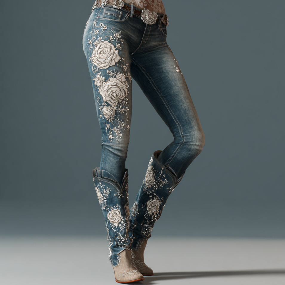 Womens Denim Jeans Womens Trousers With Colorful 3D Floral Prints - Image 2