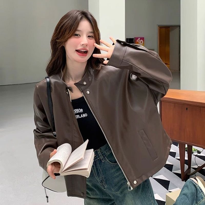 Womens Cropped American Retro Coffee-colored Leather Biker Jacket - Image 6