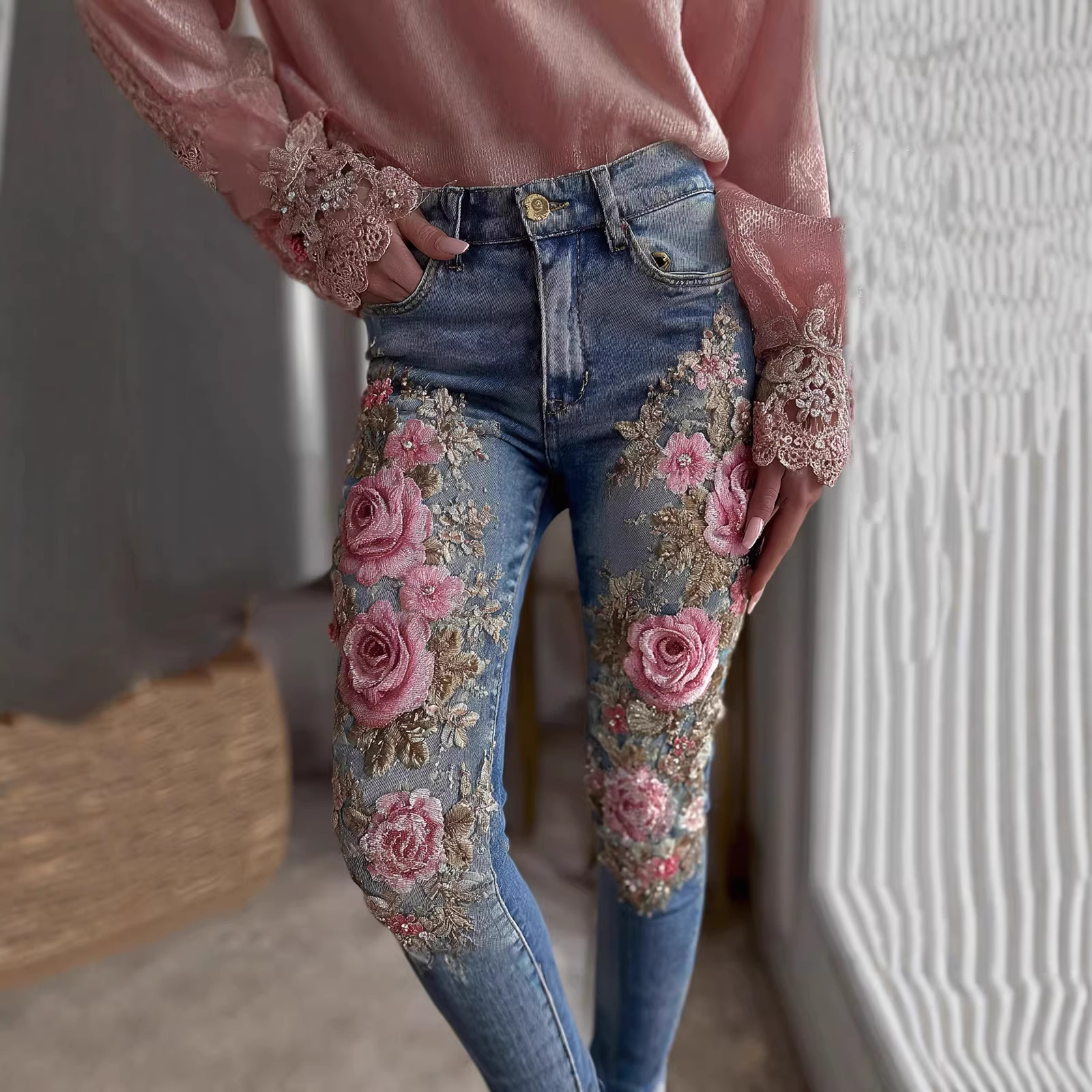 Womens Denim Jeans Womens Trousers With Colorful 3D Floral Prints - Image 9