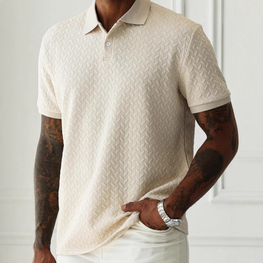 Mens Casual Short-sleeve Textured Polo Shirt Top - Image 4