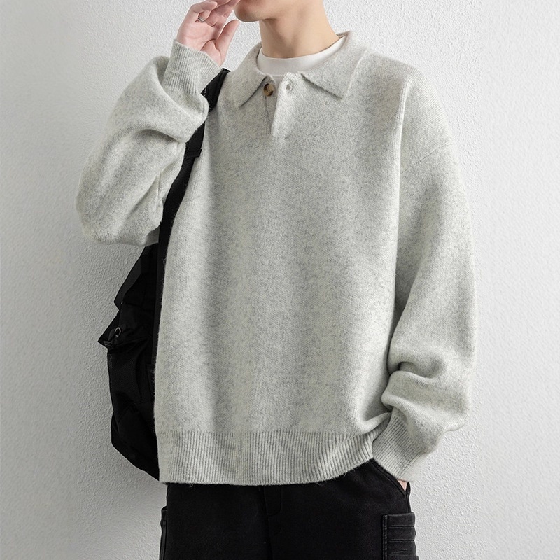 Retro Polo-collar Relaxed-fit Laid-back Single-button Sweater - Image 7