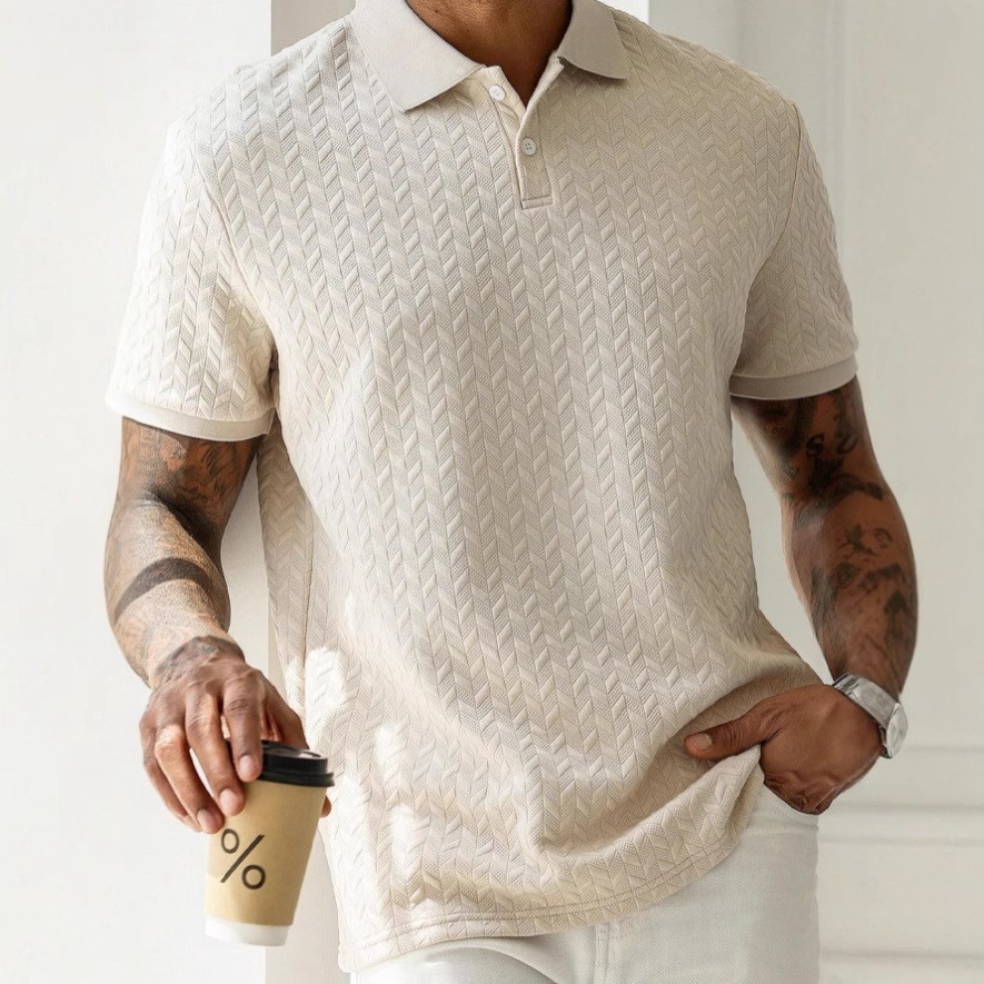 Mens Casual Short-sleeve Textured Polo Shirt Top - Image 5