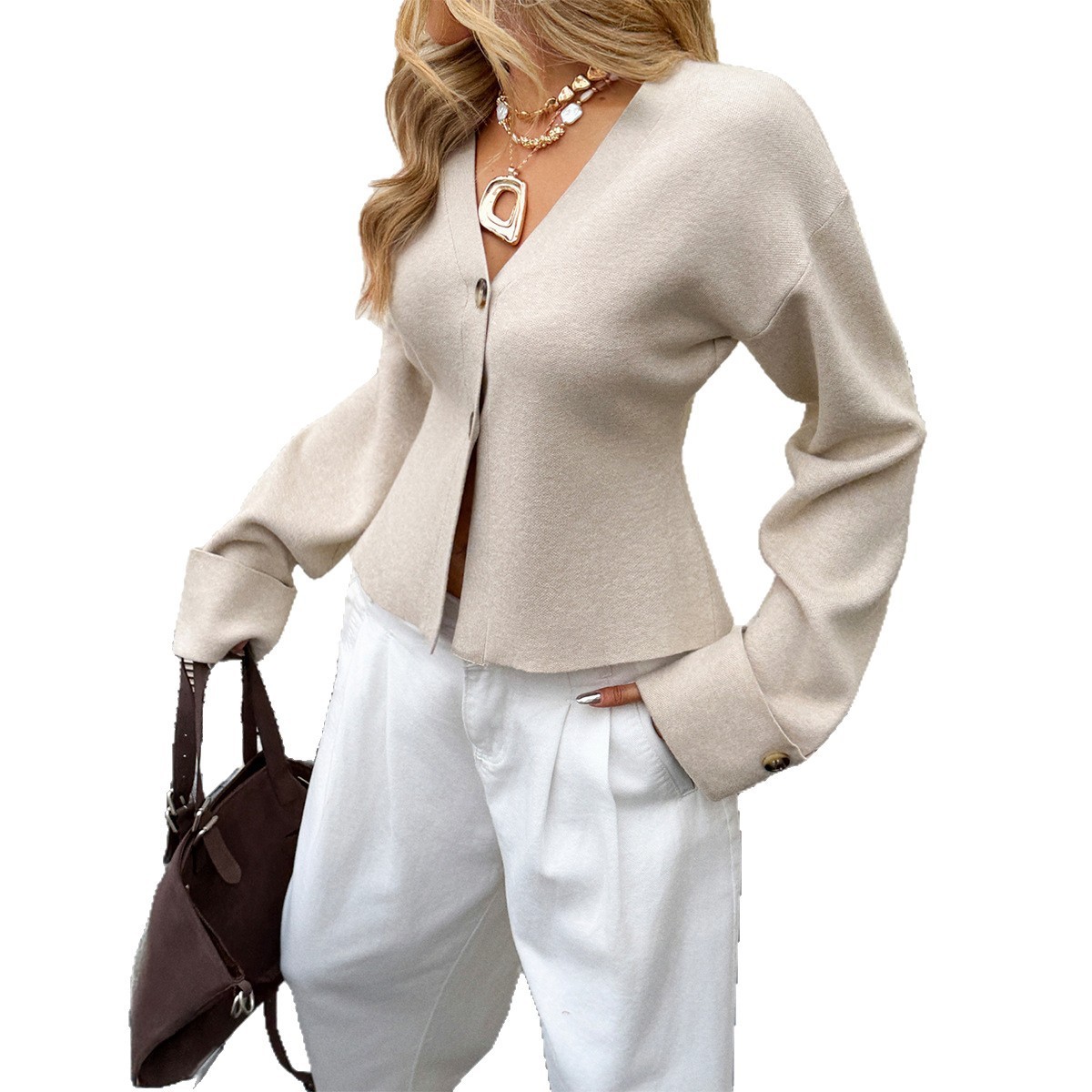 Womens Solid-Color Casual Resort V-Neck Cropped Jacket - Image 3