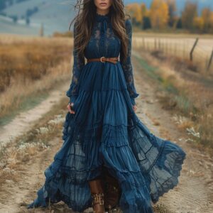 Retro V-neck Long-sleeve Pastoral-style Dress