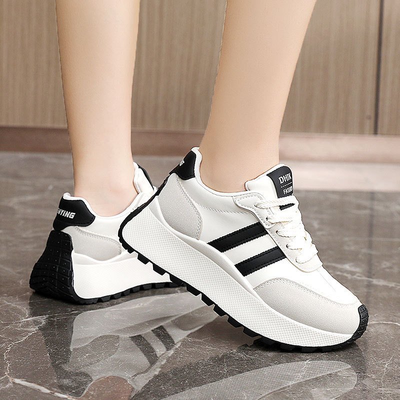 Womens Thick Soled Leather Patchwork Height Increasing Sneakers - Image 3