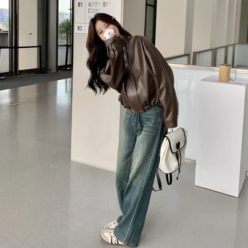 Womens Cropped American Retro Coffee-colored Leather Biker Jacket - Image 4