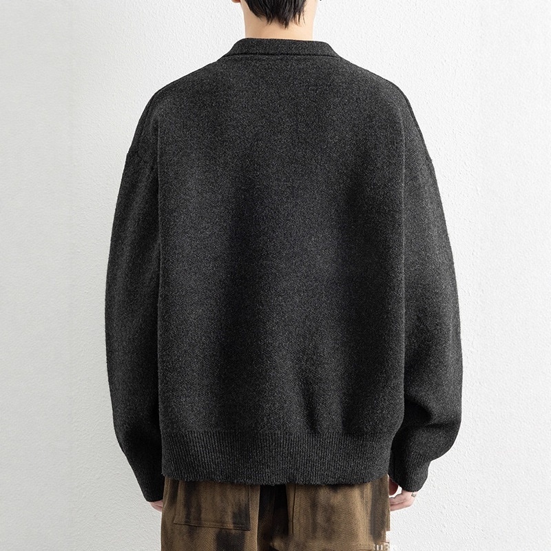 Retro Polo-collar Relaxed-fit Laid-back Single-button Sweater - Image 5