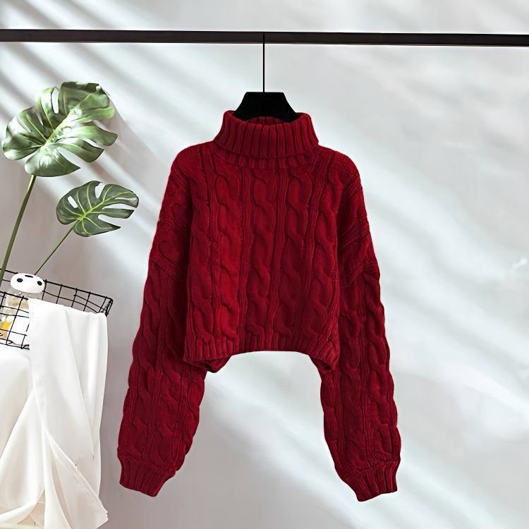 New AutumnWinter Linen Short Turtleneck Outerwear Knitted Floral Sweater For Women - Image 4