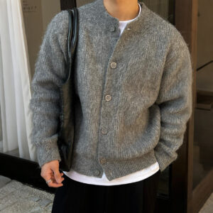 Mens Crew-neck Cardigan Sweater Loose-fitting Warm Knitted Outerwear